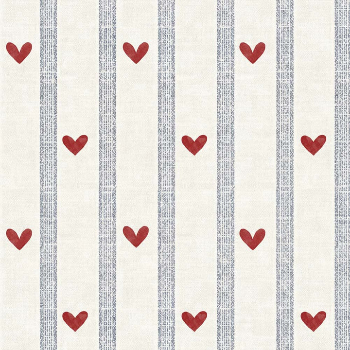 Pattern of red hearts on a striped fabric background