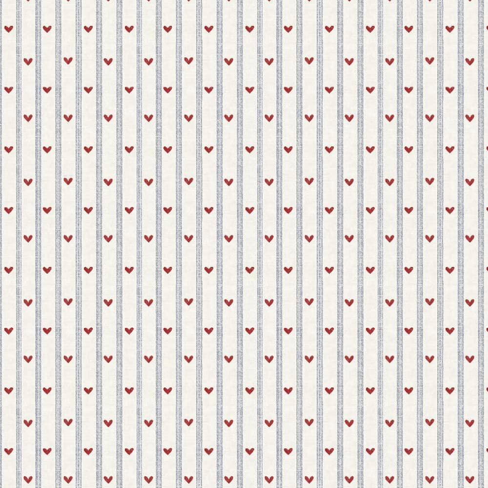 Pattern of red hearts on a white background with blue vertical stripes