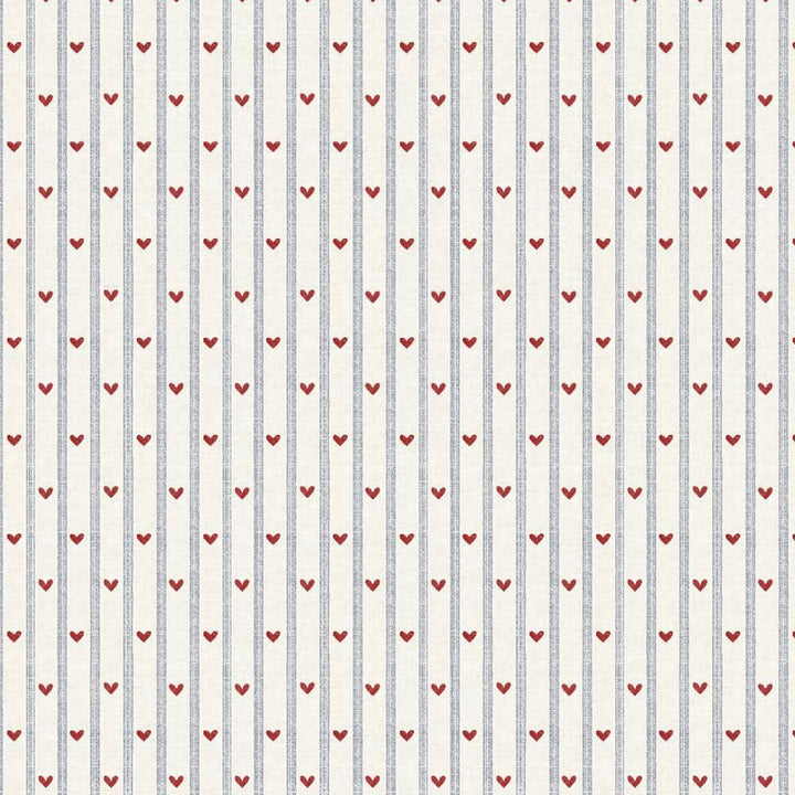 Pattern of red hearts on a white background with blue vertical stripes