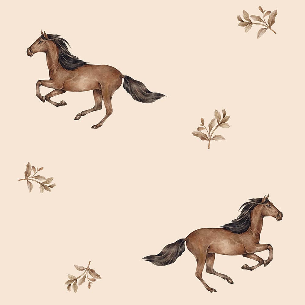 Two brown horses with black manes on a beige background with leaf decorations.