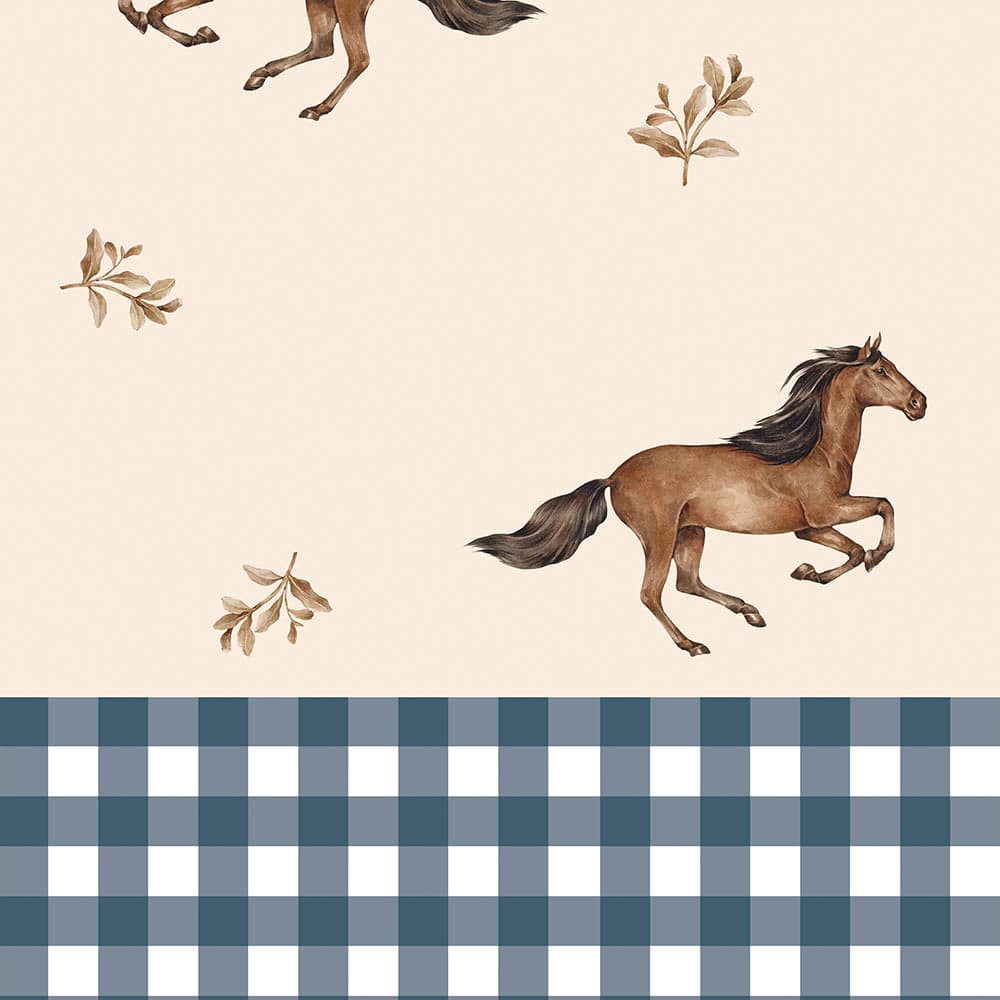 Pattern with horses and leaves on a beige background, transitioning to a blue plaid pattern at the bottom.