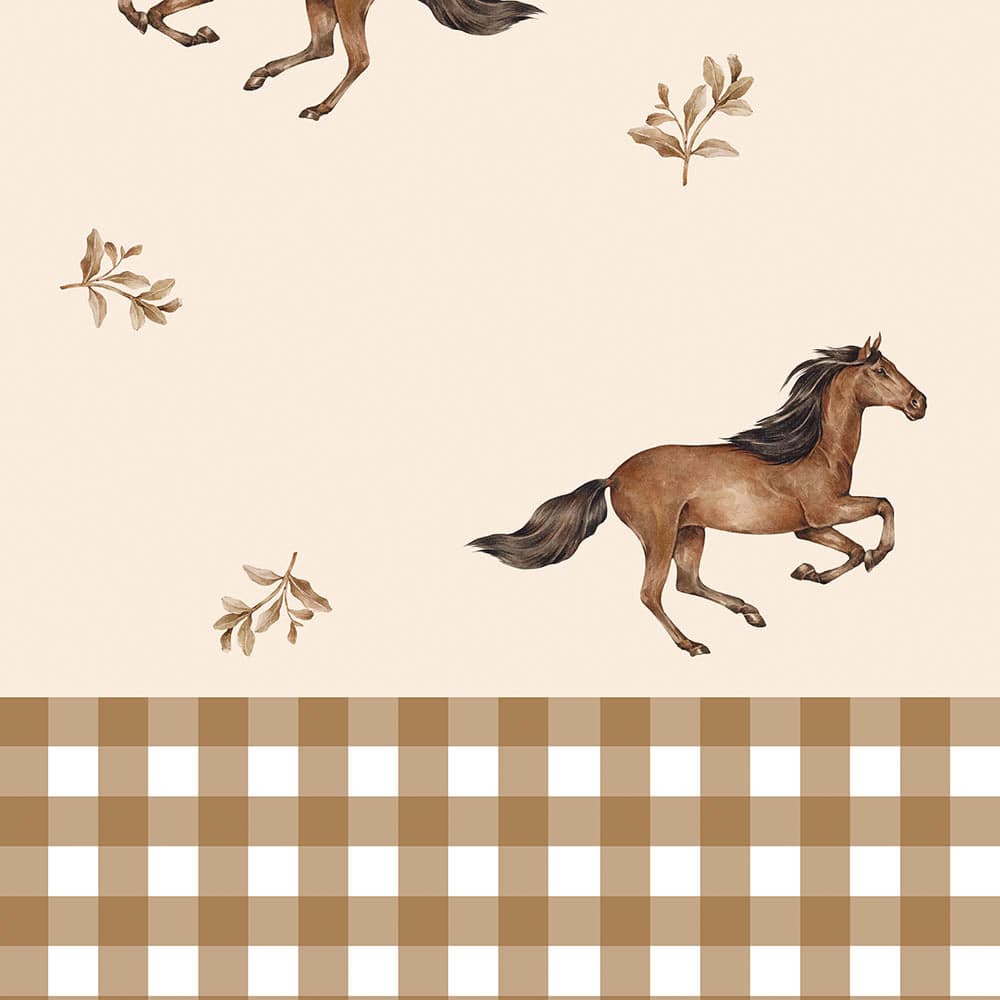 Wallpaper with horse and plaid pattern on a beige background