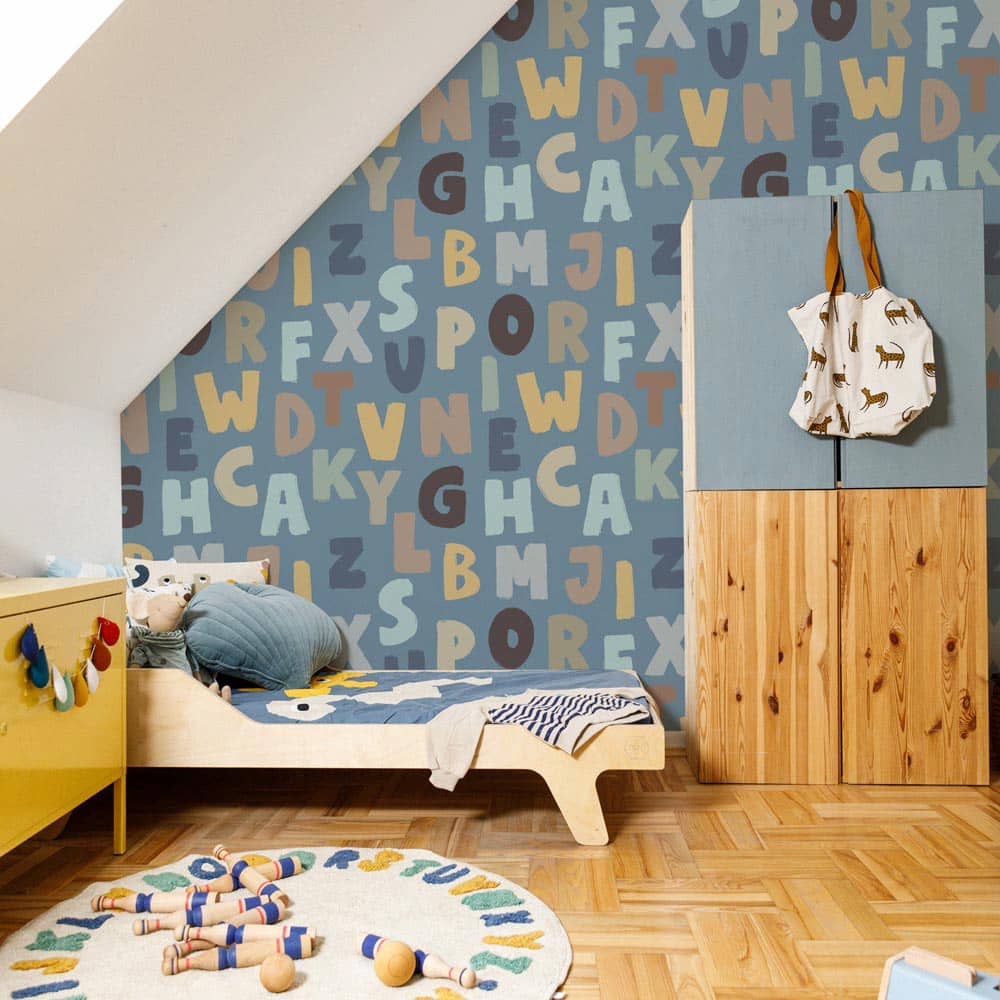 Dekornik Letters Blue Wallpaper on boys bedroom wall