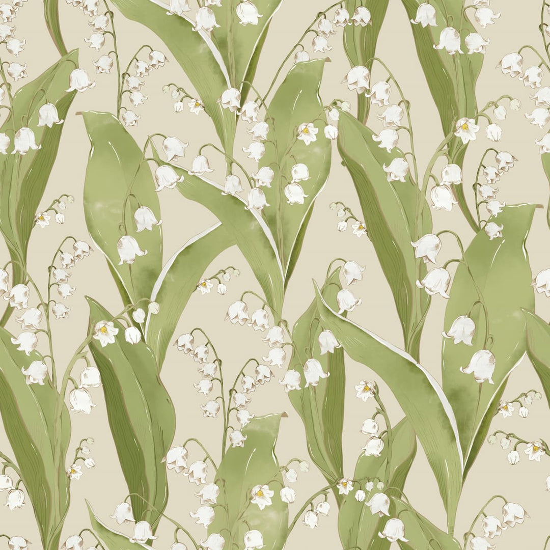 Pattern of lily of the valley flowers with green leaves on a light beige background