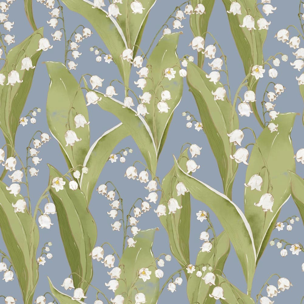 Wallpaper pattern of lily of valley flowers with green leaves on a blue background