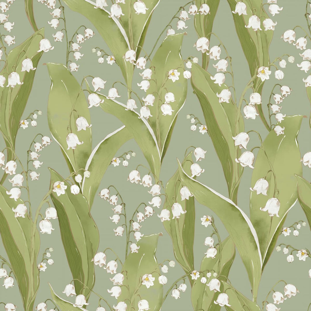 Wallpaper pattern of white lily of the valley  flowers with green leaves on a light green background
