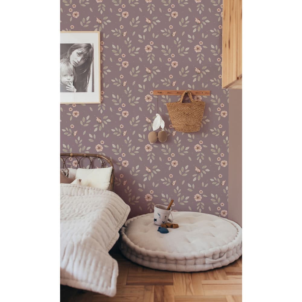 Dekornik Little Boho Flowers Violet Wallpaper on bedroom wall