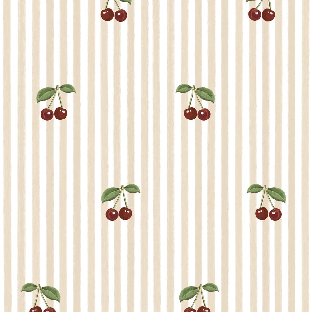 Pattern of cherries on a beige striped background