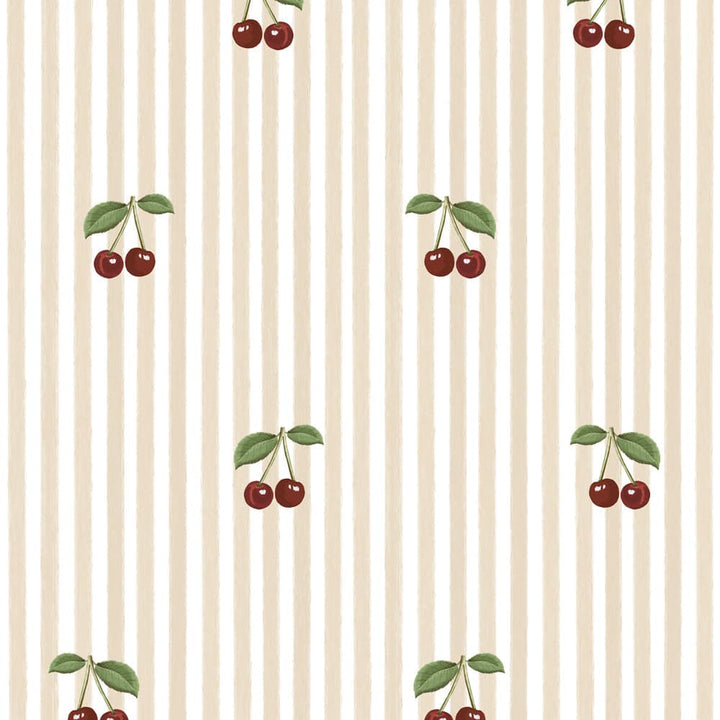 Pattern of cherries on a beige striped background