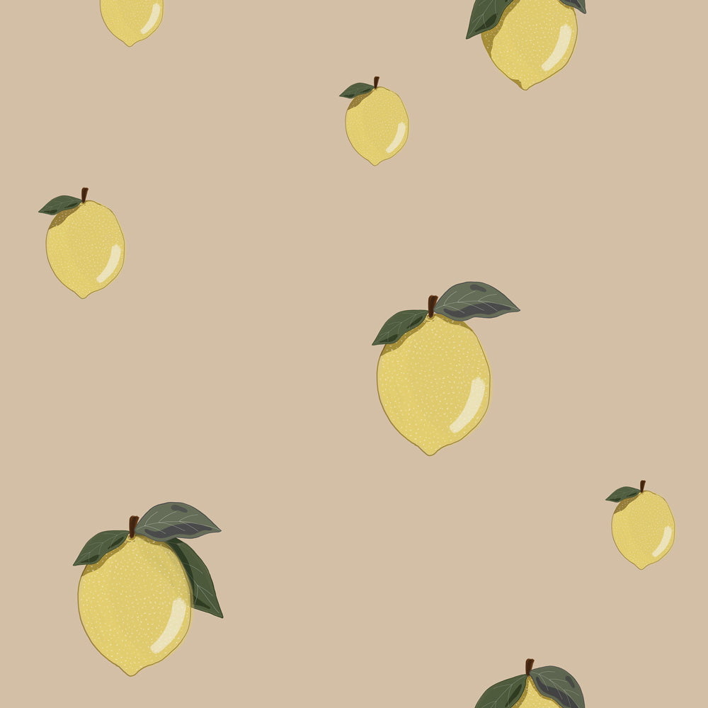Pattern of yellow lemons with green leaves on a beige background
