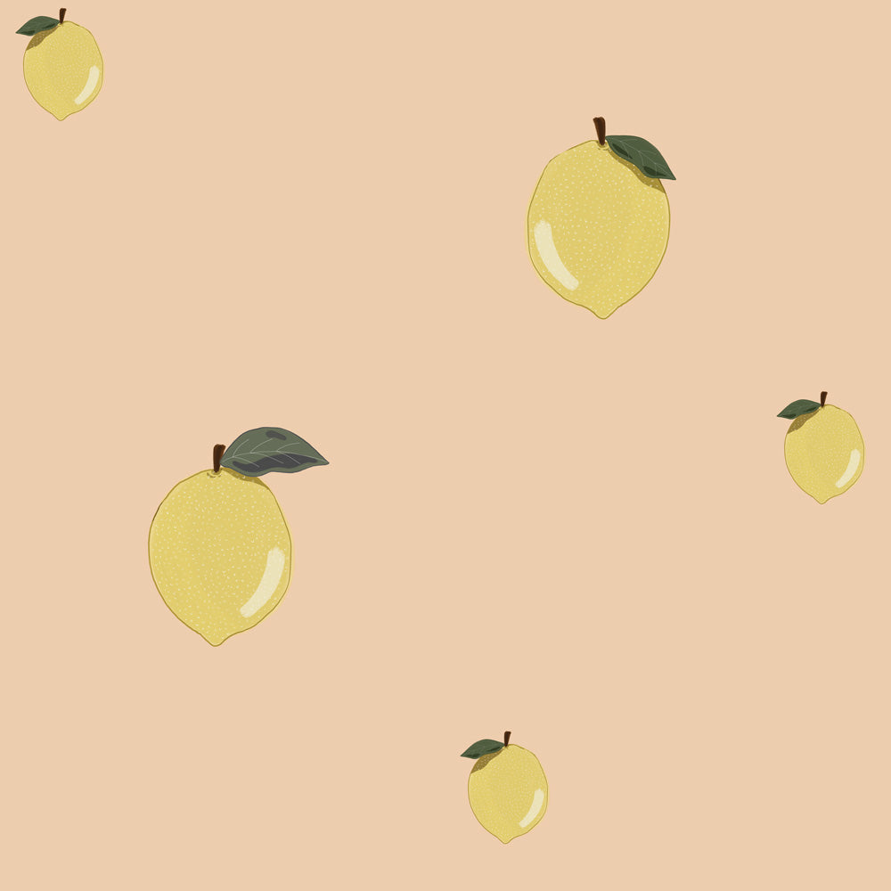 Pattern of yellow lemons with green leaves on a beige background