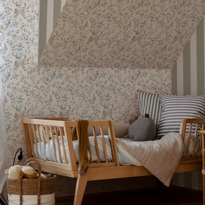 Dekornik Meadow Friends With Ducks & Bunnies Wallpaper in bedroom with wooden bed