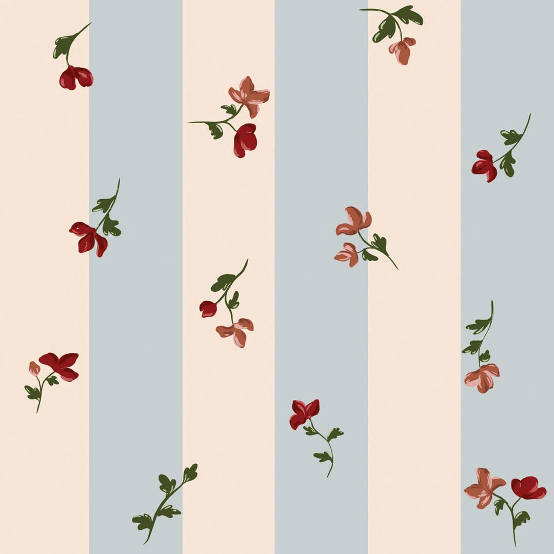 Striped pattern with floral elements on a light blue and ecru background