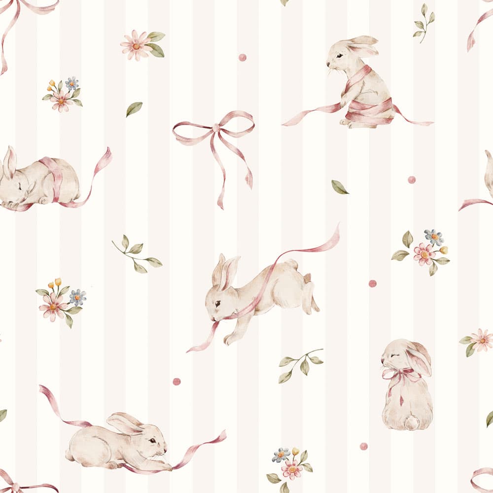 Dekornik Pink Rabbits On Stripes Wallpaper