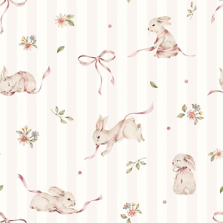 Dekornik Pink Rabbits On Stripes Wallpaper