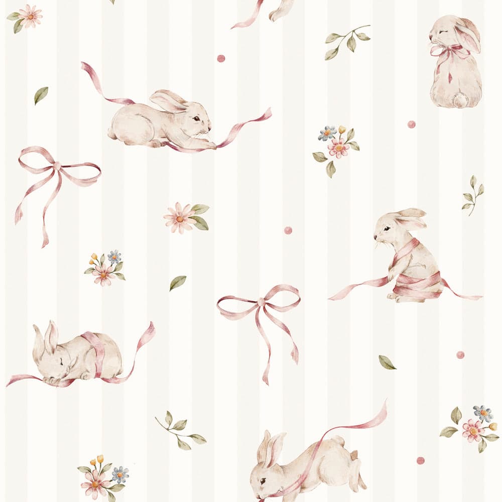 Pink rabbits with ribbons on a light grey striped background with floral accents