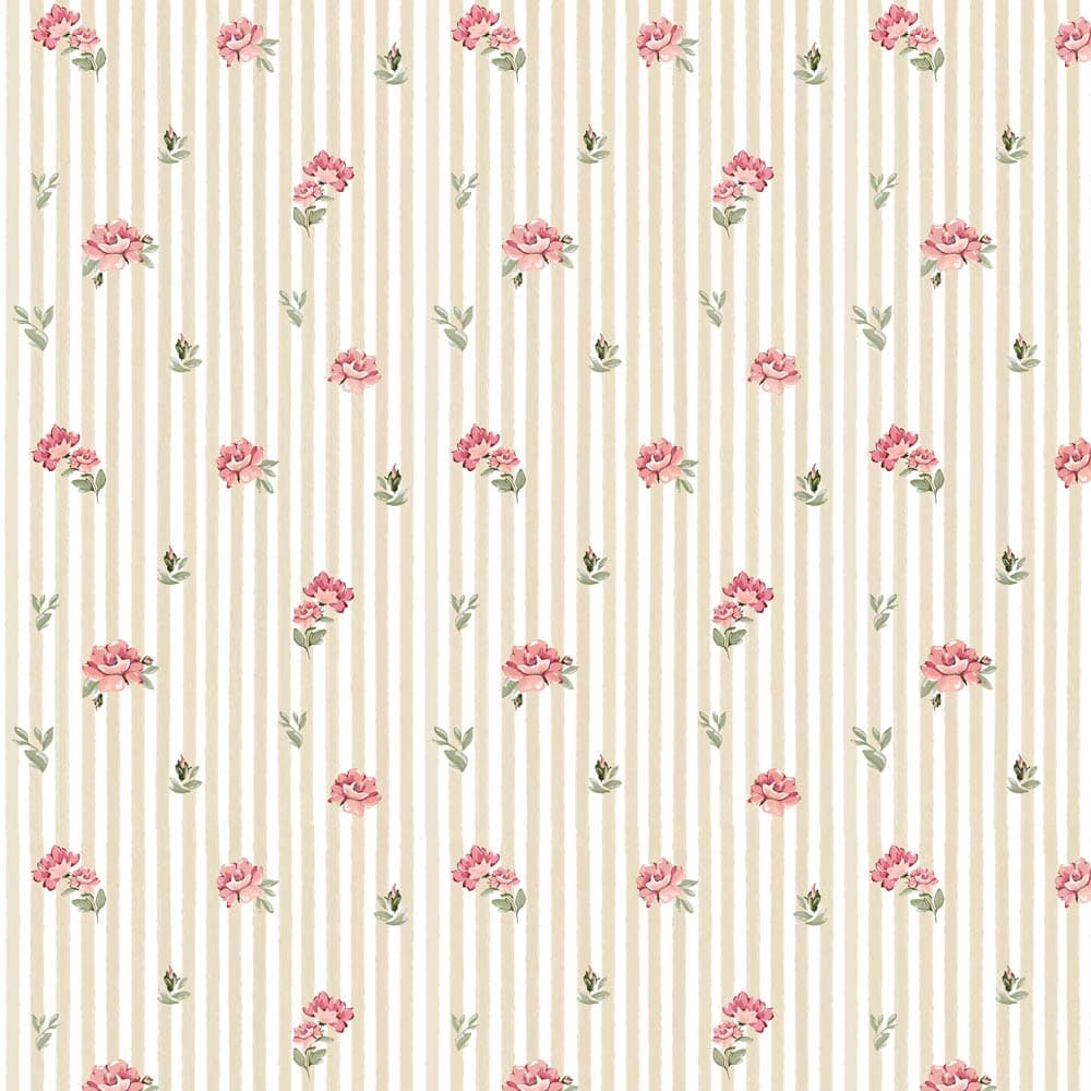 Pattern of small pink roses and green leaves on a beige background with vertical stripes.