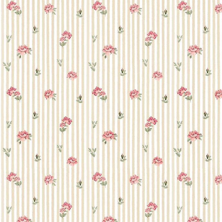 Pattern of small pink roses and green leaves on a beige background with vertical stripes.