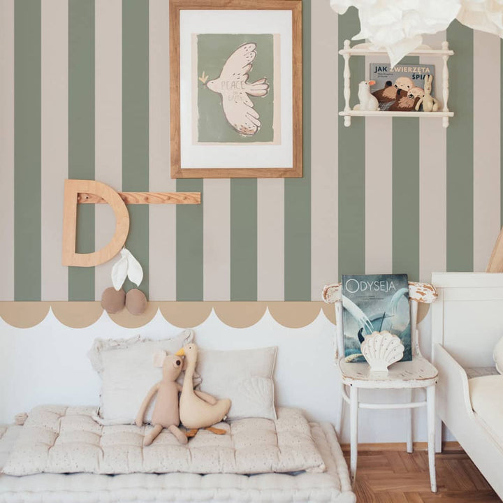 Dekornik Portofino Stripes Green Wallpaper on bedroom half wall