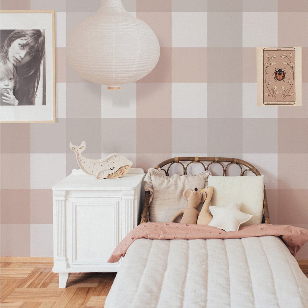 Children's bedroom with checkered wallpaper, bed with teddy bear, and nightstand.