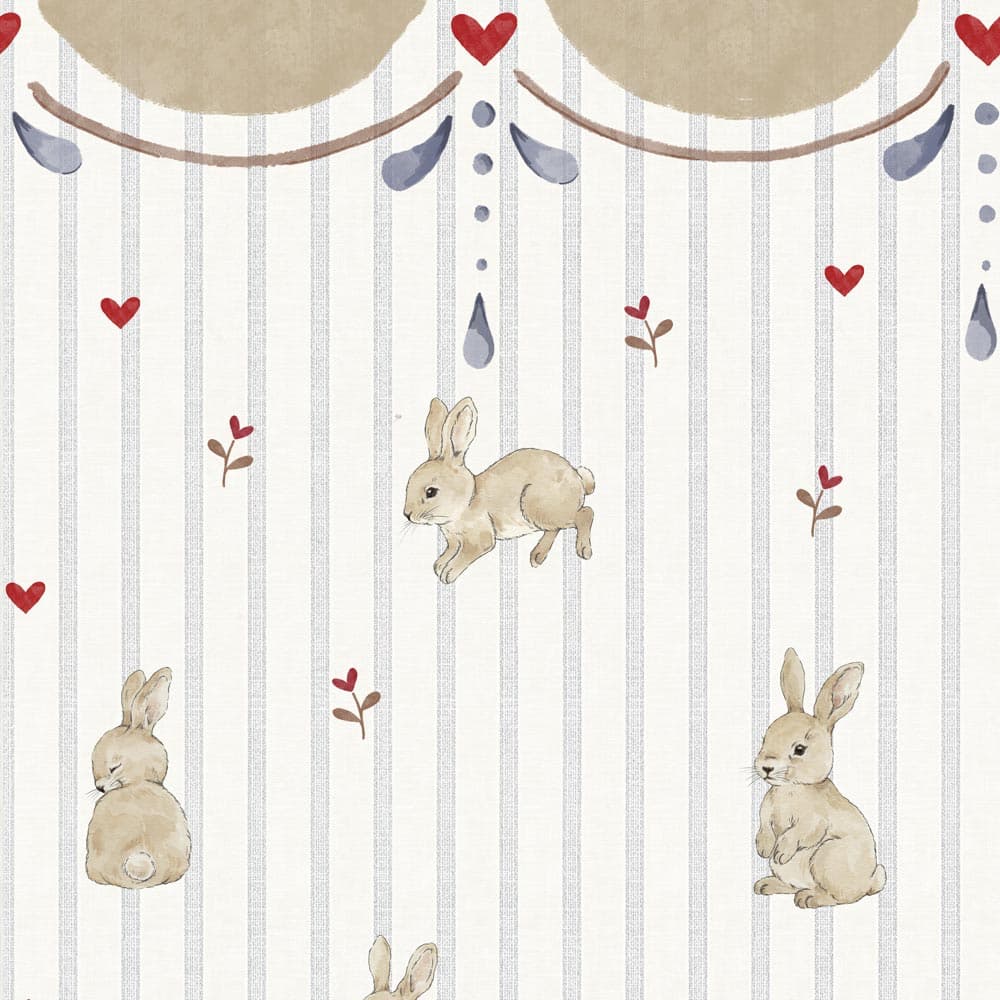 Pattern with rabbits, hearts, and abstract shapes on a striped background