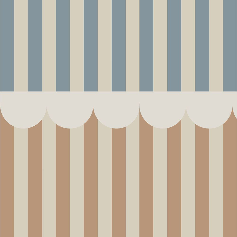 Striped pattern with blue and beige vertical stripes on a white scalloped border.