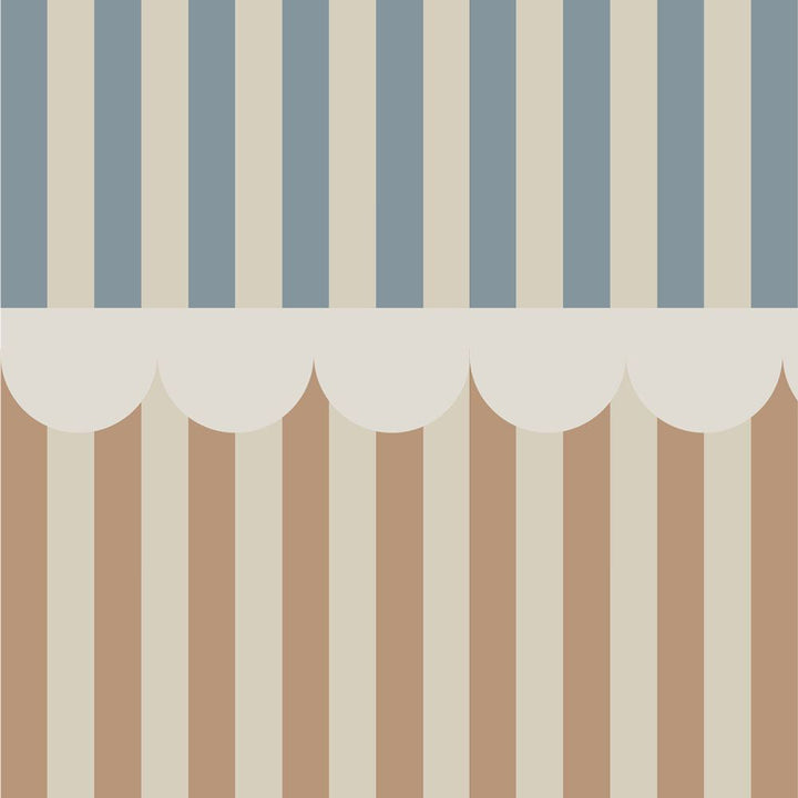 Striped pattern with blue and beige vertical stripes on a white scalloped border.