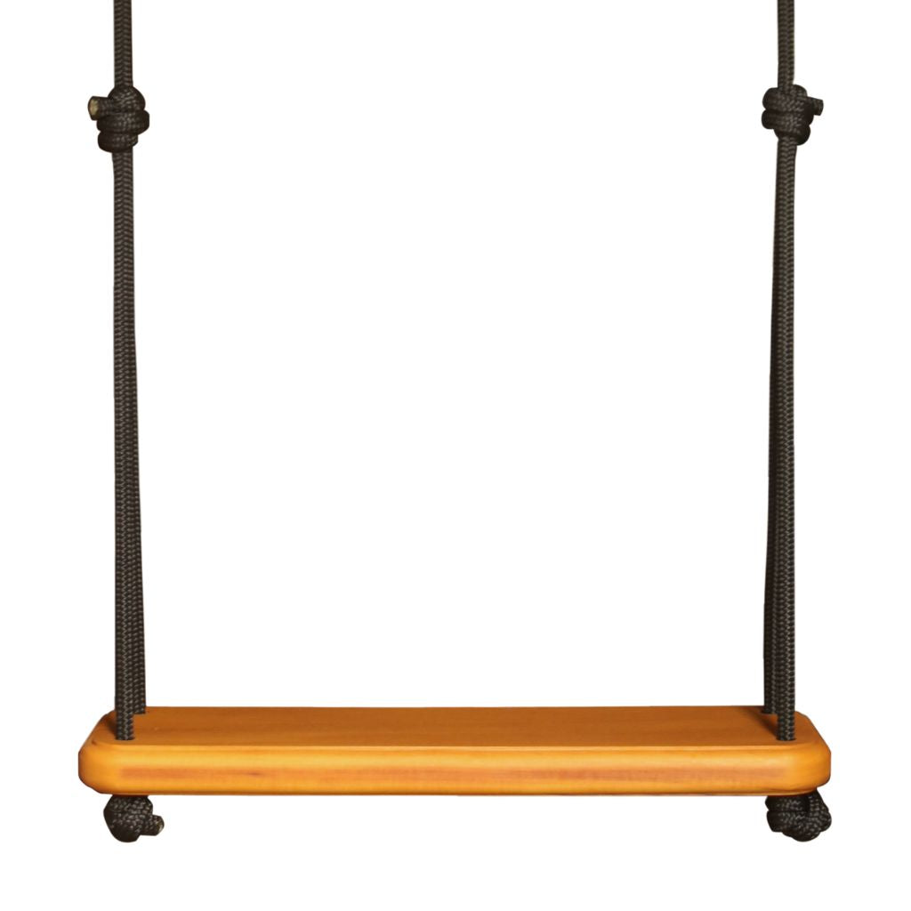Wooden swing with black ropes on a white background