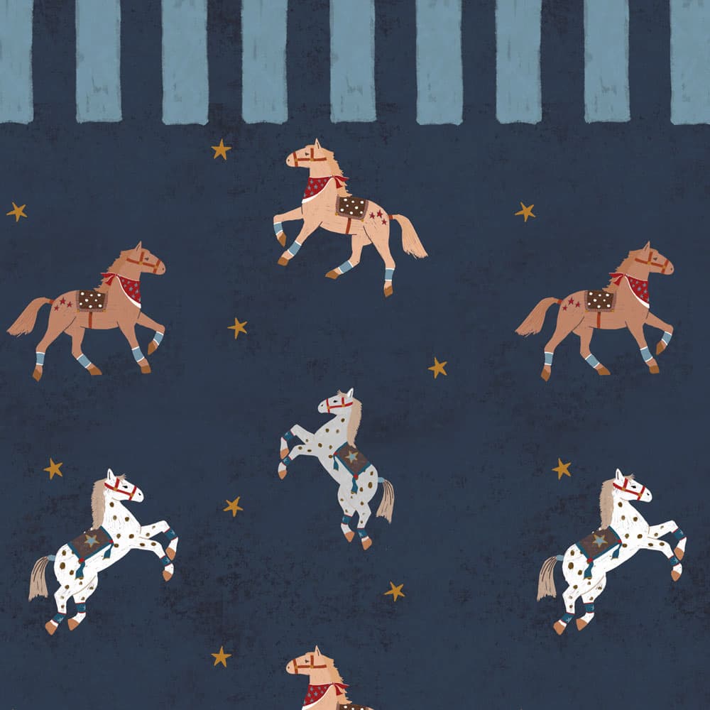 Dancing horses on a navy blue background with small gold stars and blue vertical stripes at the top.
