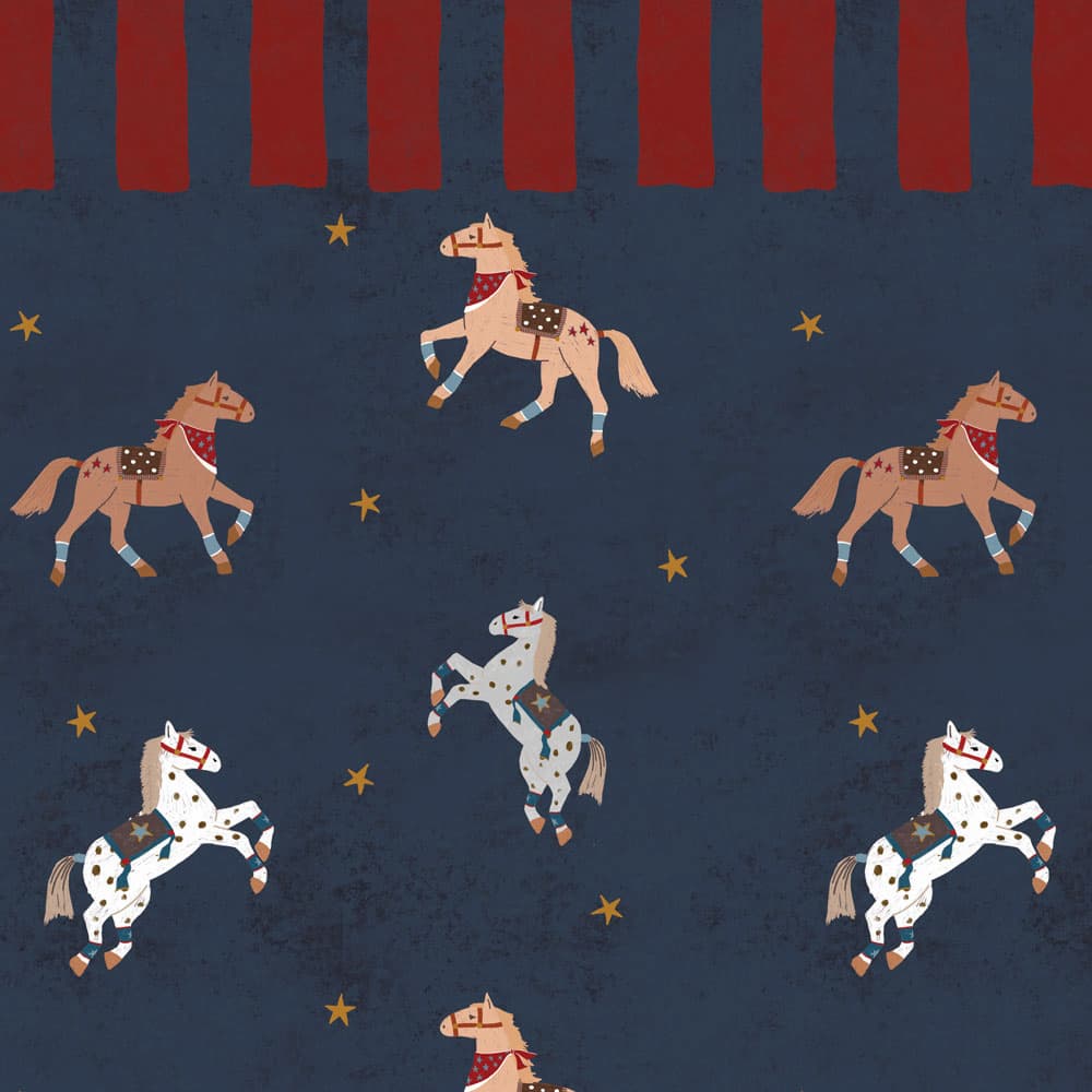 A repeating pattern illustration featuring stylized horses in tan, white, and spotted gray tones with red bandanas, set on a dark navy background with red vertical stripes at the top and small gold stars.
