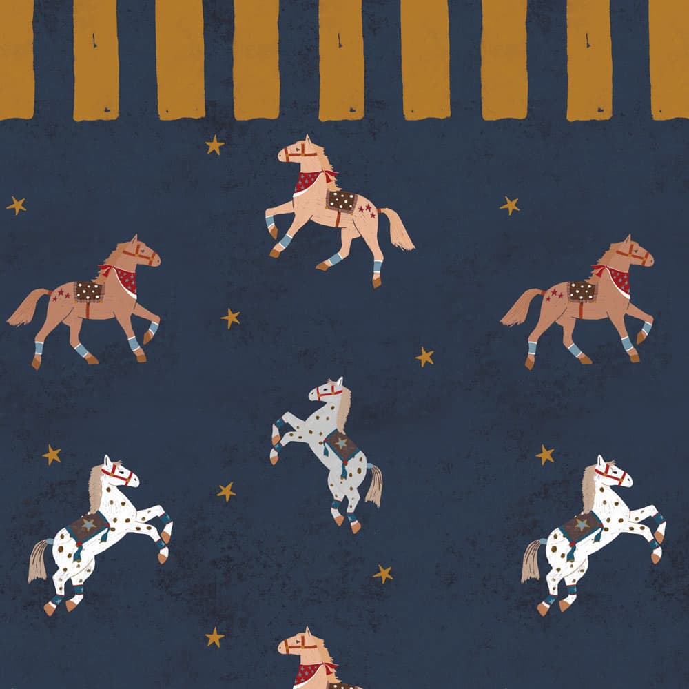 Dancing horses on a navy blue background with small gold stars and yellow vertical stripes at the top