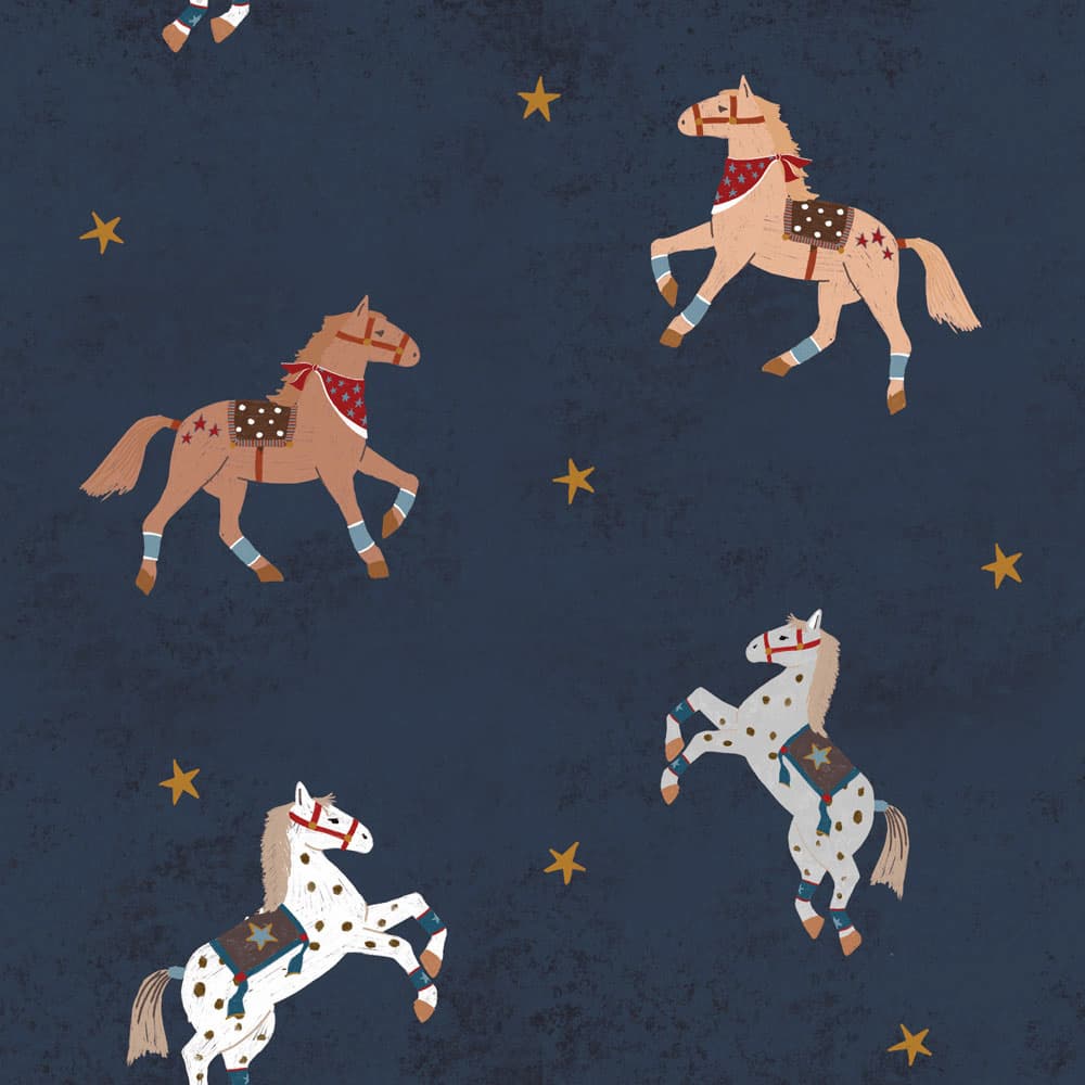 Horse illustrations on a navy blue background with small gold stars