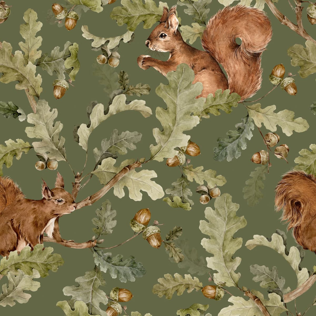 Wallpaper pattern of squirrels, acorns, and oak leaves on a green background