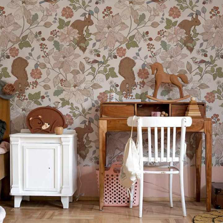 Dekornik Squirrels In The Woods Wallpaper on bedroom wall