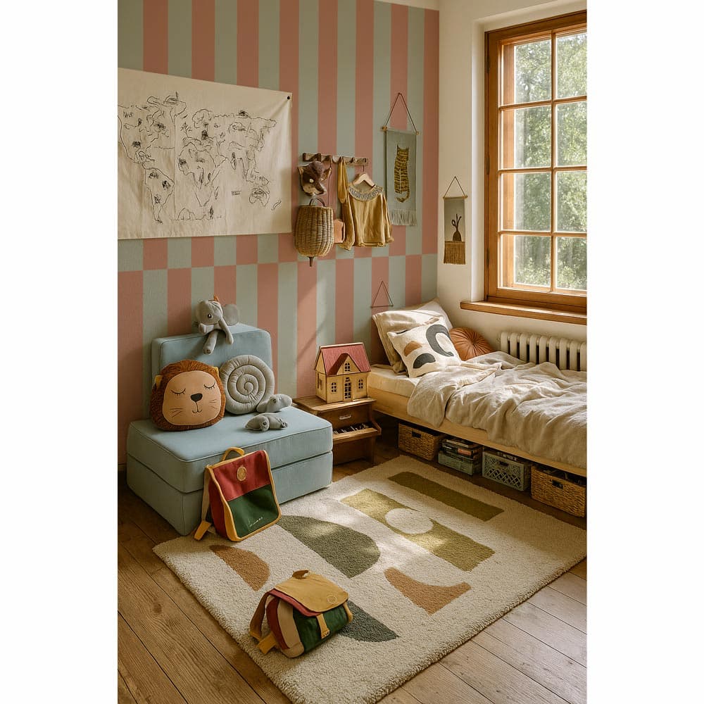 Children's bedroom with colorful walls, toys, and a bed.