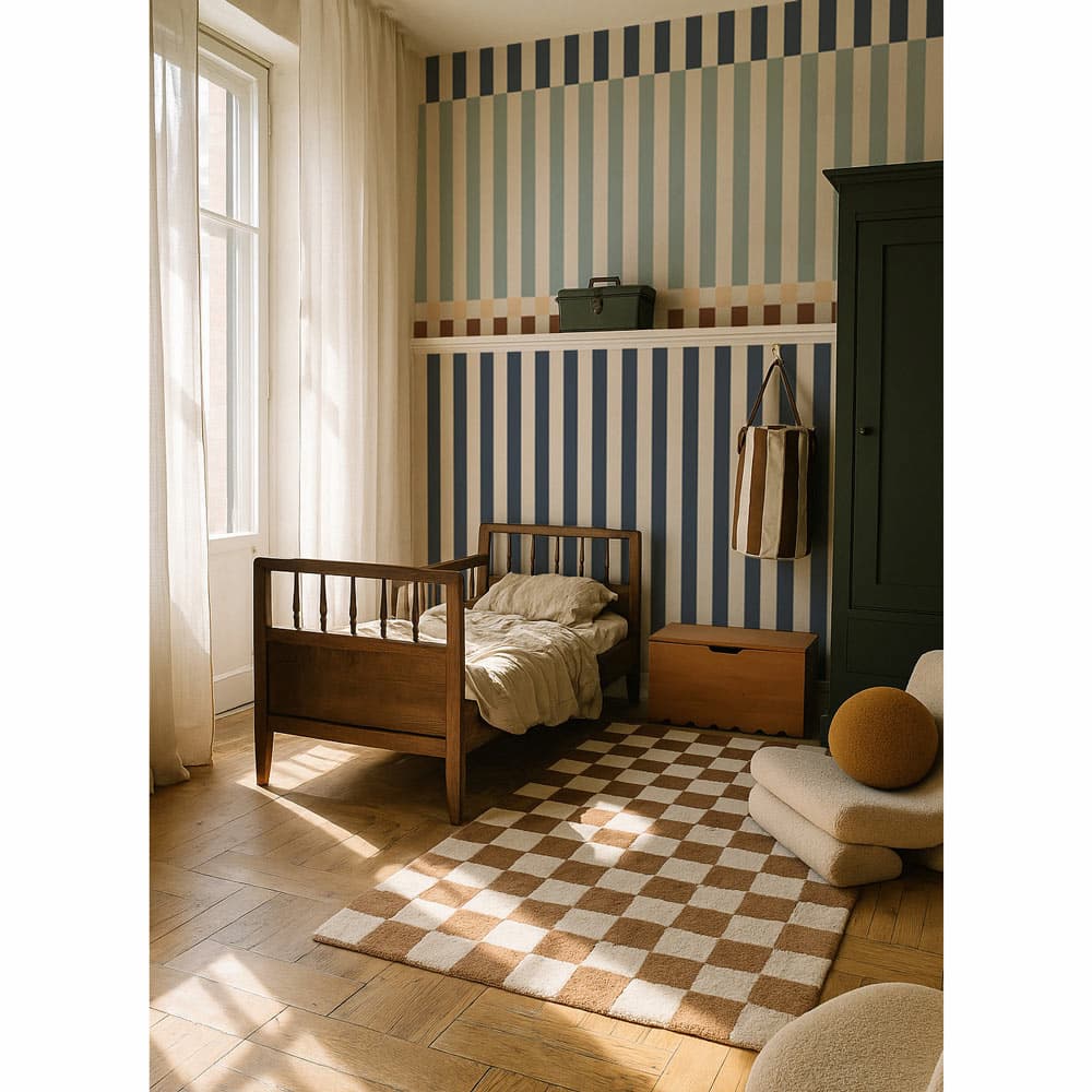 Children's bedroom with striped wallpaper, wooden bed, and checkered rug.