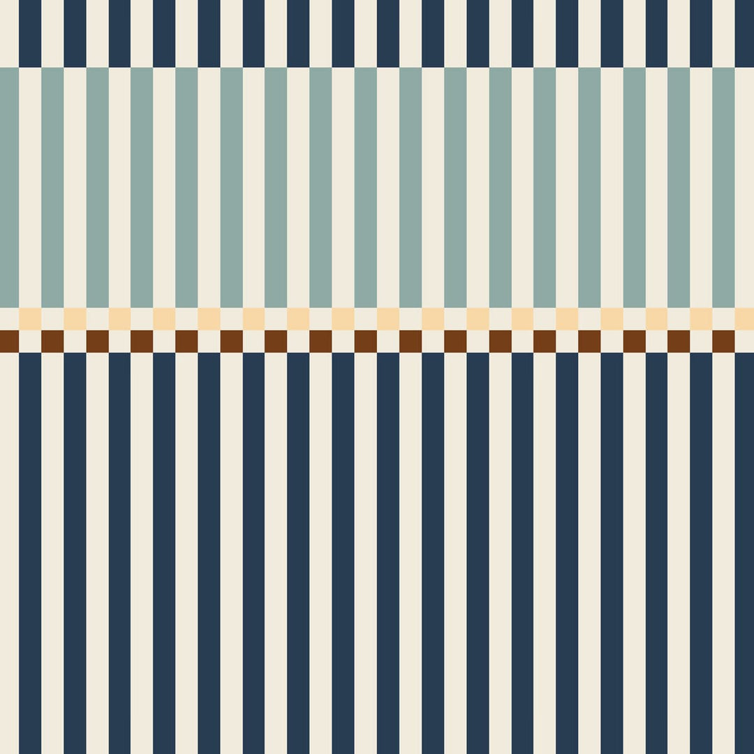 Pattern with alternating horizontal stripes in blue, green, beige, and navy on a white background.