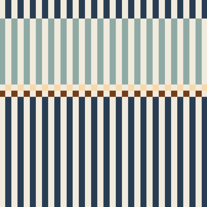 Pattern with alternating horizontal stripes in blue, green, beige, and navy on a white background.