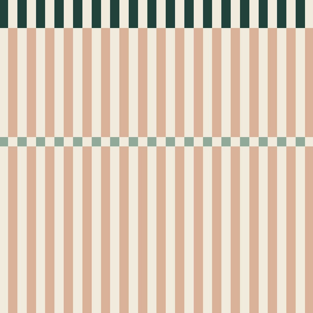 Pattern of vertical stripes in green, beige, and white on a beige background