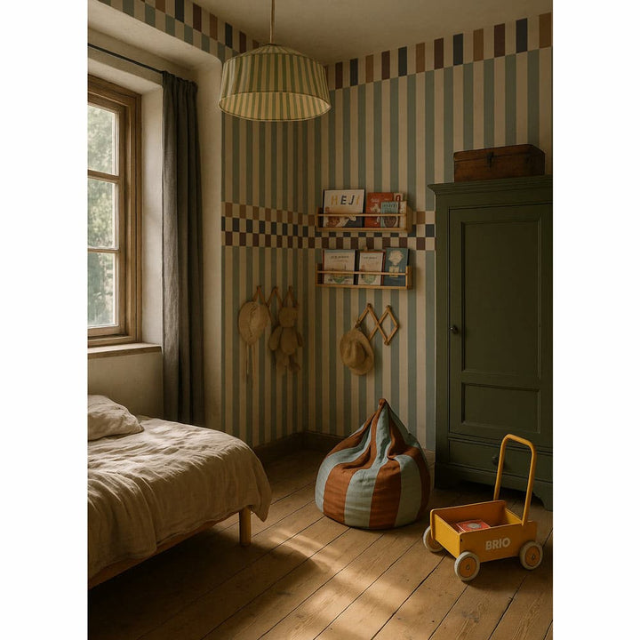 Children's bedroom with striped wallpaper, bed, and toys.