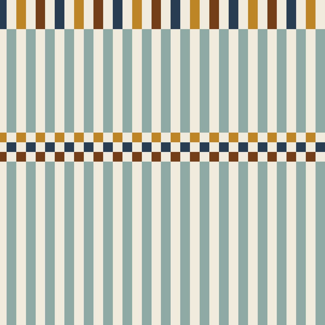 Patterned fabric with horizontal stripes in blue, brown, and beige.