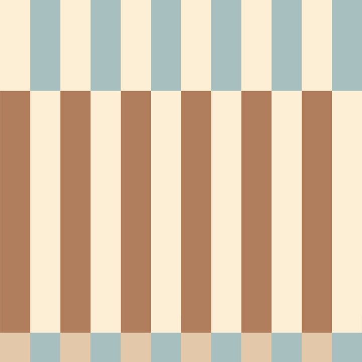 Wallpaper Pattern of vertical stripes in blue, beige, and brown on a beige background