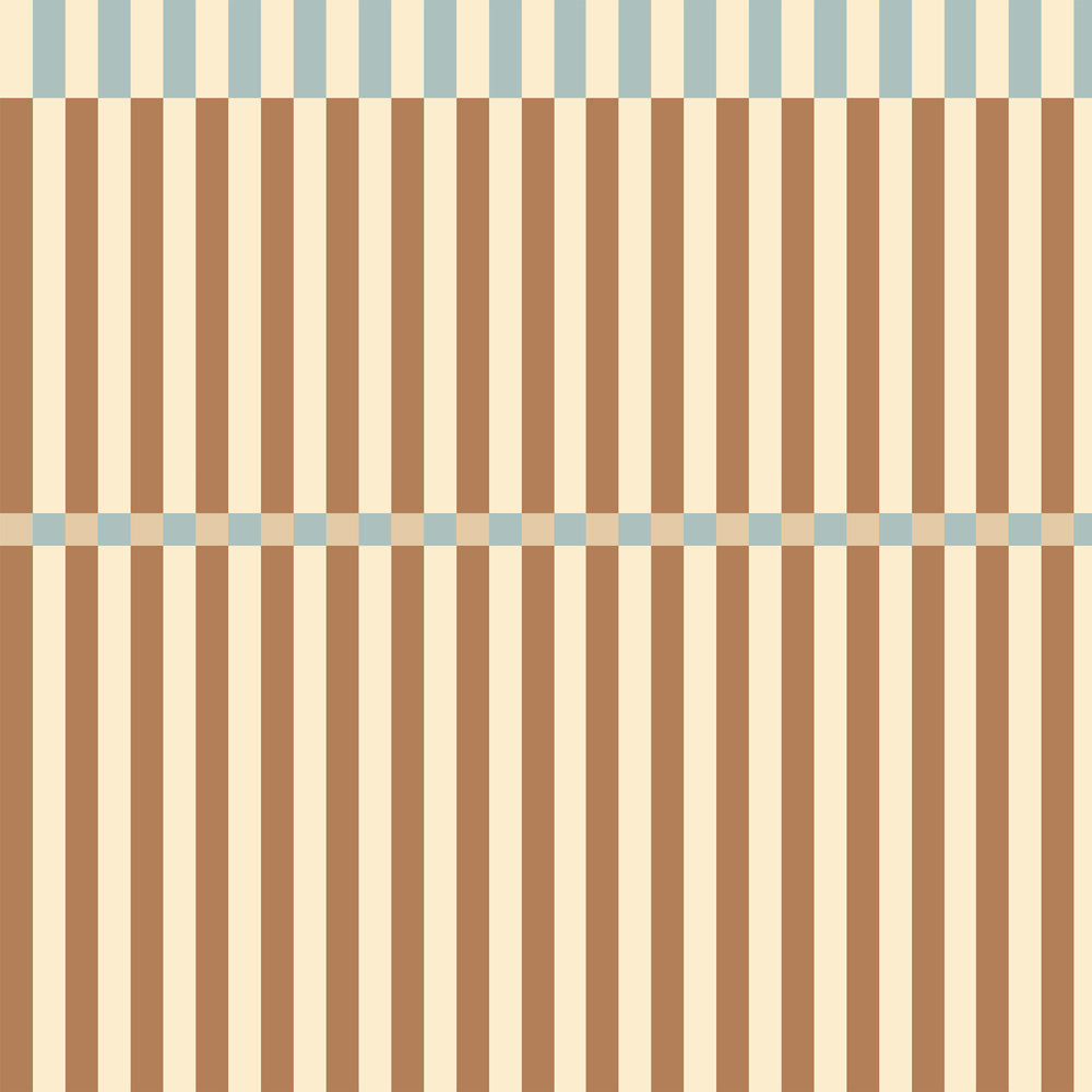 Wallpaper pattern of vertical brown and beige stripes with blue accents on a beige background