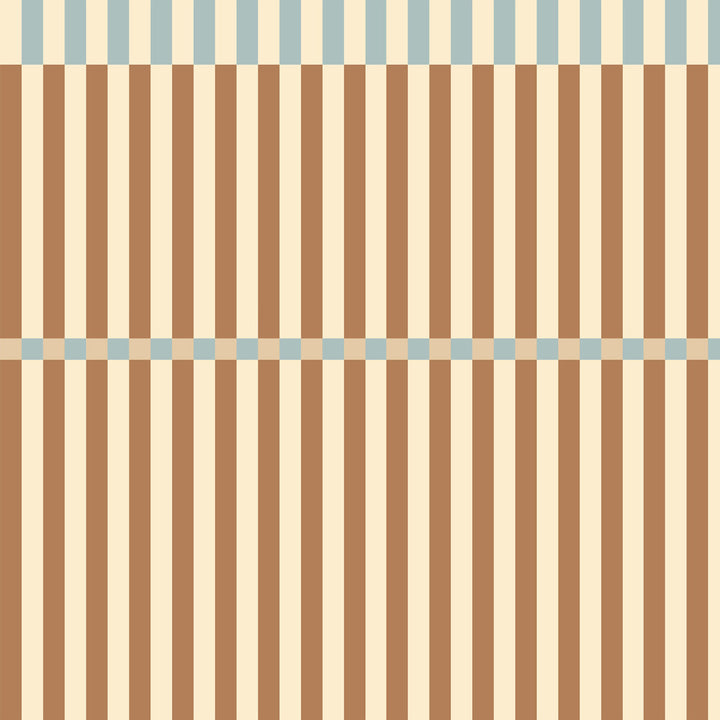Wallpaper pattern of vertical brown and beige stripes with blue accents on a beige background