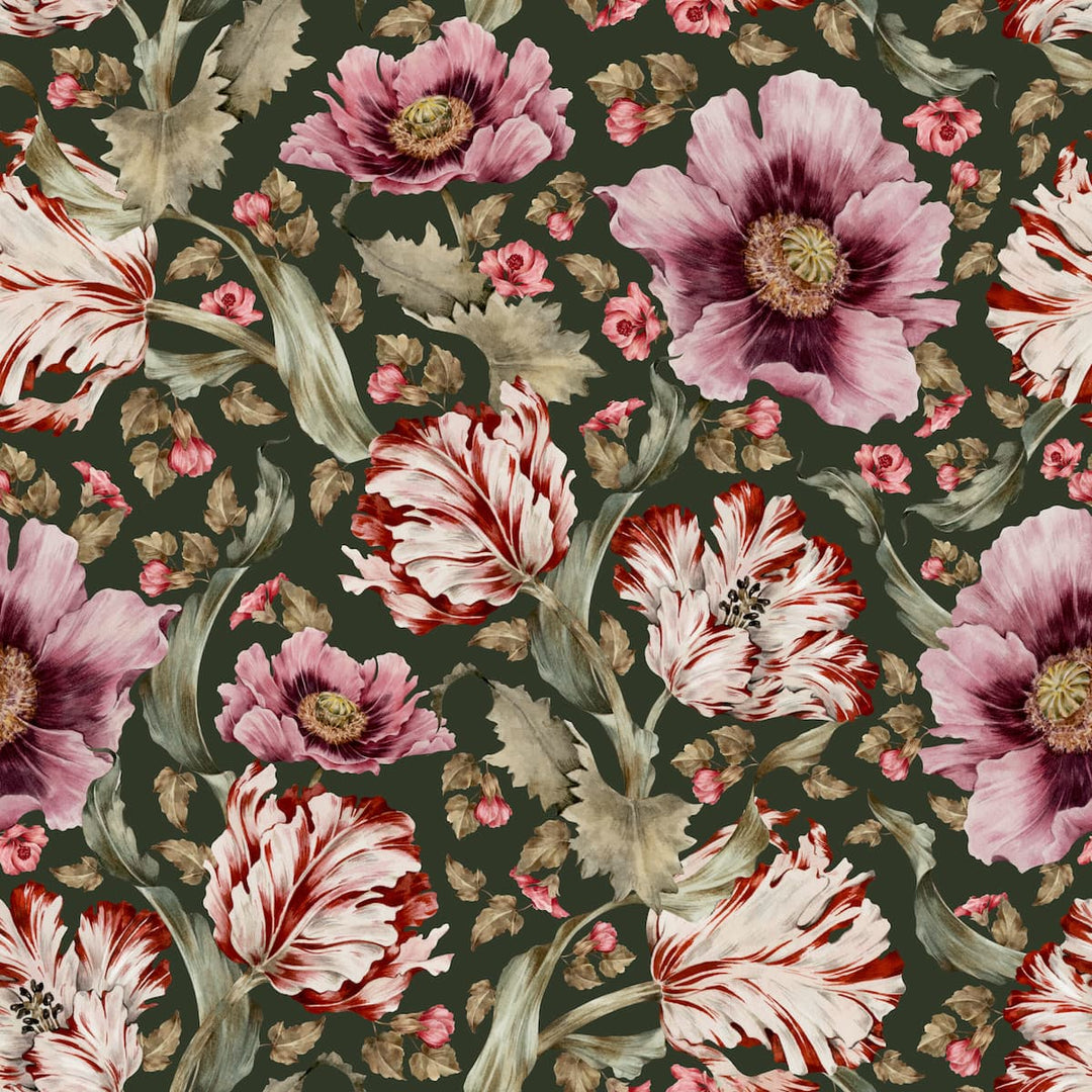 Floral wallpaper pattern with pink, red, and white flowers on a dark green background