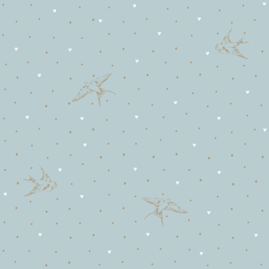 Light blue wallpaper with tiny white hearts and beige dots with beige coloured swallows 