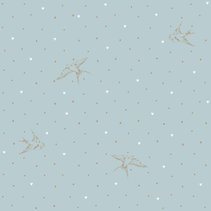 Light blue wallpaper with tiny white hearts and beige dots with beige coloured swallows 