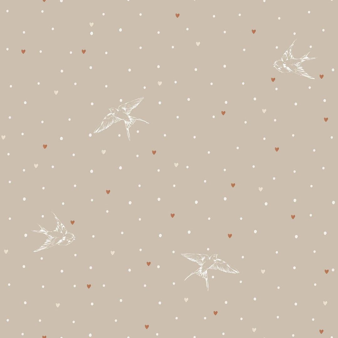 beige wallpaper with white swallows and tiny dots and hearts