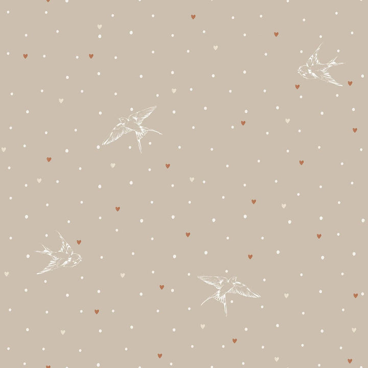 beige wallpaper with white swallows and tiny dots and hearts