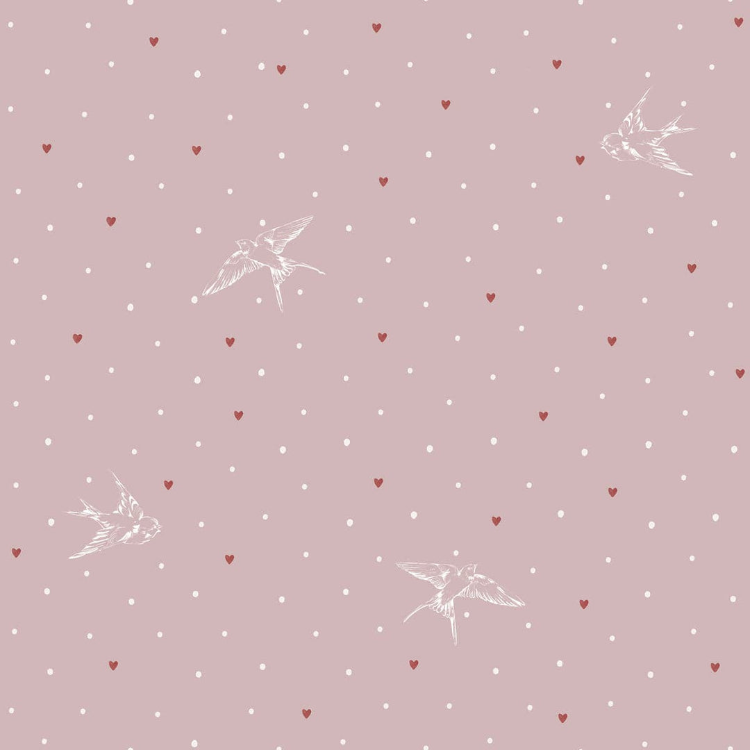 Pink patterned background with white birds and red hearts on a pink background